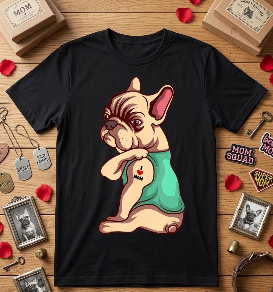 French Bulldog I Love Mom Tattoo Shirt, Funny Frenchie Dog Lover Gift, Dog Mom Tattoo Style Tee, French Bulldog Mom