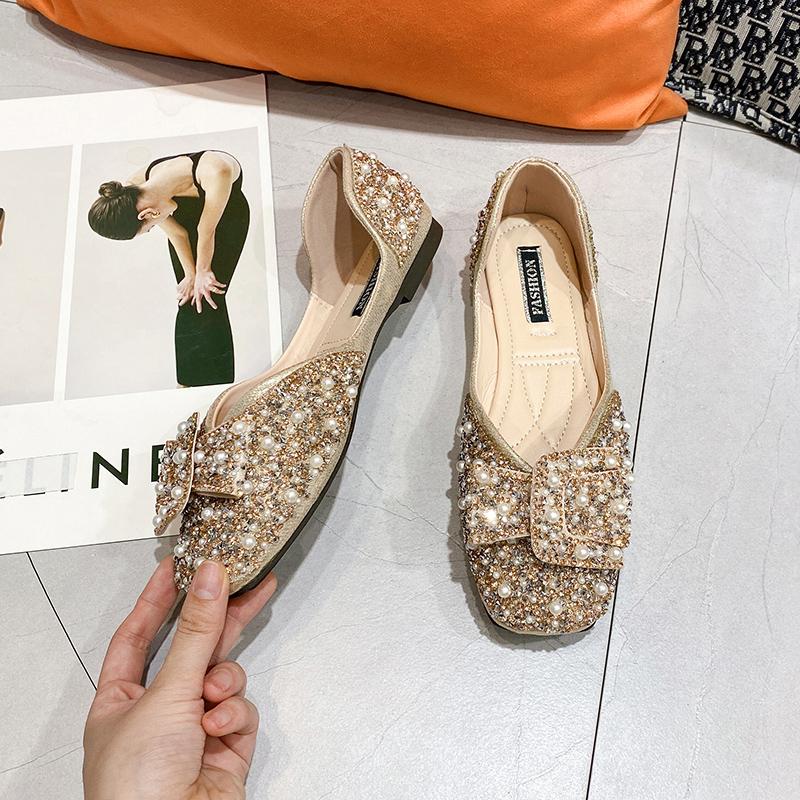 Designer Glitzer Kristall Perlen Ohrstecker Ballettschuhe Damen Quadratische Zehenpartie Loafer Gemütliche Flache Ballerinas Mokassins