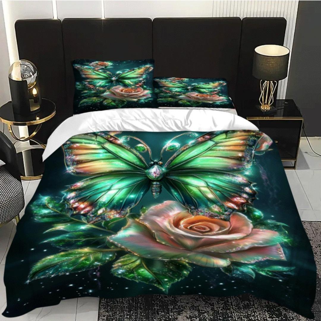 

3pcs Green Butterfly Rose 3D Printed Bedding Set Comfortable Duvet Cover King Queen Twin Size Birthday Gift Bedroom Decoration EU Single 135x200cm