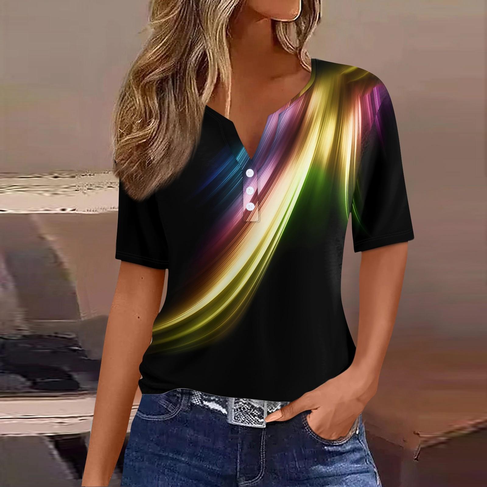 Жен. Футболка Футболка С принтом Пуговицы С короткими рукавами Повседневные Выходные Мода — фото 4
