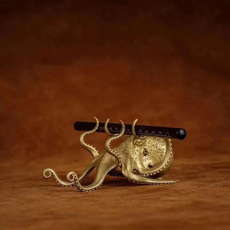 Vintage Brass Octopus Figurine Multi-Functional Phone Stand & Pen Spectacles Holder Car Nautical Desk Ornaments Home Decor Gifts