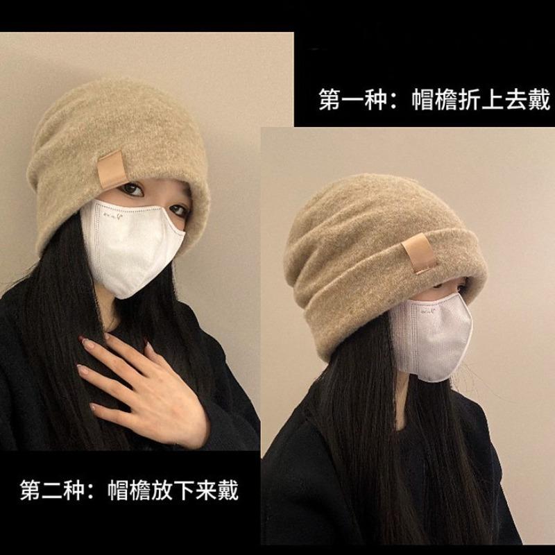 Hat Women's Winter Warm Wool Hat Big Head Circumference Loose Pile Cold Hat Show Face Small Ear Protector Knitted Hat