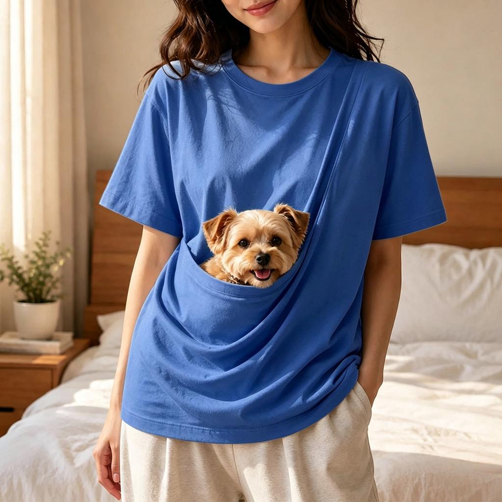 Unisex Short Sleeve T-Shirt with Large Pockets for Phone and Pet, Loose Fit Drop Shoulder Casual Top
