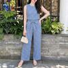 Women Sleeveless Tank Tops and Long Pants Plaid Print Two Piece Sets