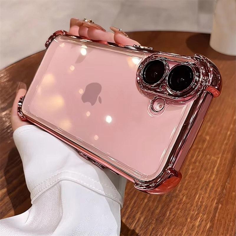Luxury Plating Airbag Soft Silicone Case for iPhone 16 Pro Max 11 12 13 14 15 Pro Xs Max X Xr 16 Plus Glass Lens Protector Cover