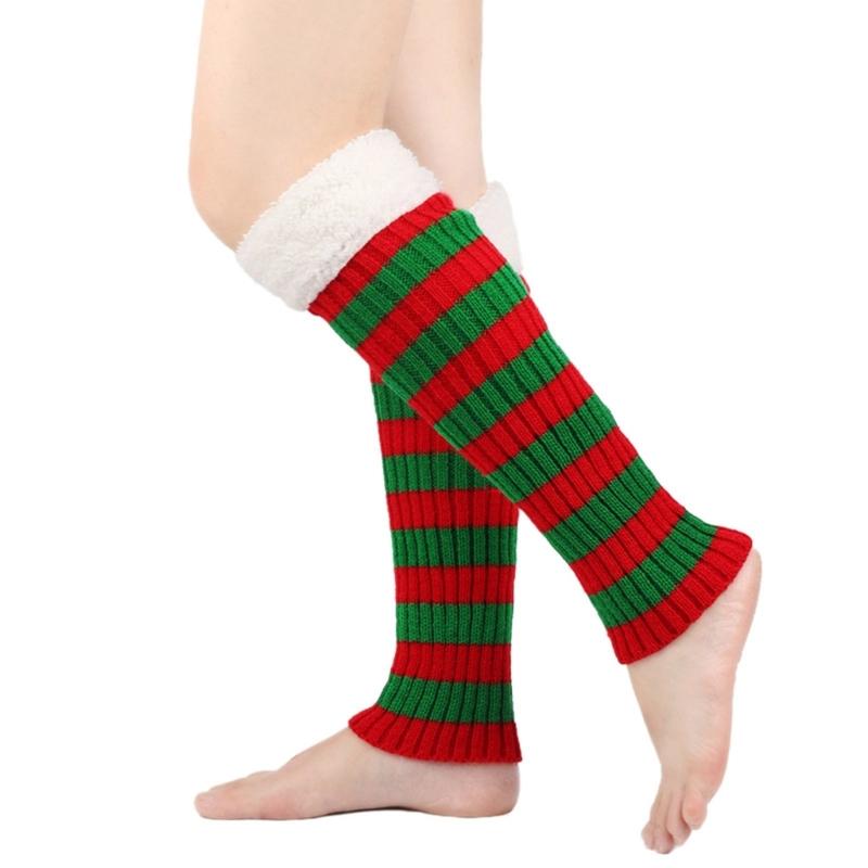 Christmas Furry Plush Trim Patchwork Leg Covers Ribbed Knit Striped Leg Warmers Boot Cuffs Footless Socks for Women красный