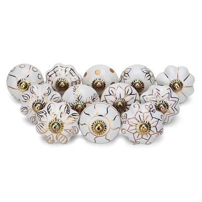 Assorted Ceramic Pull Handle for Cabinet Decorative Gold Knobs for Cupboards and Wardrobe Home Interior Décor - Pack of 12