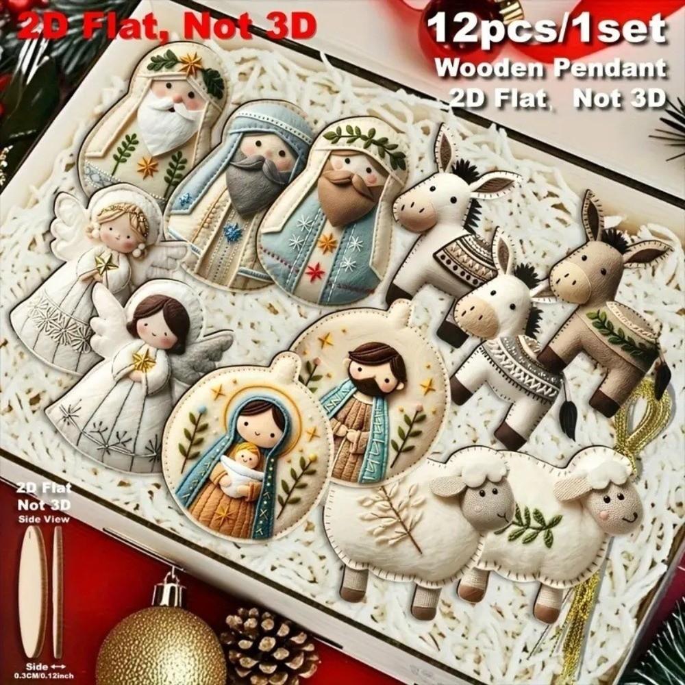 12Pcs Jesus, Our Lady, Angels, Sheep Xmas Tree Pendant Handcrafted DIY Christmas Decorations Holiday Gift Decor 2D Flat