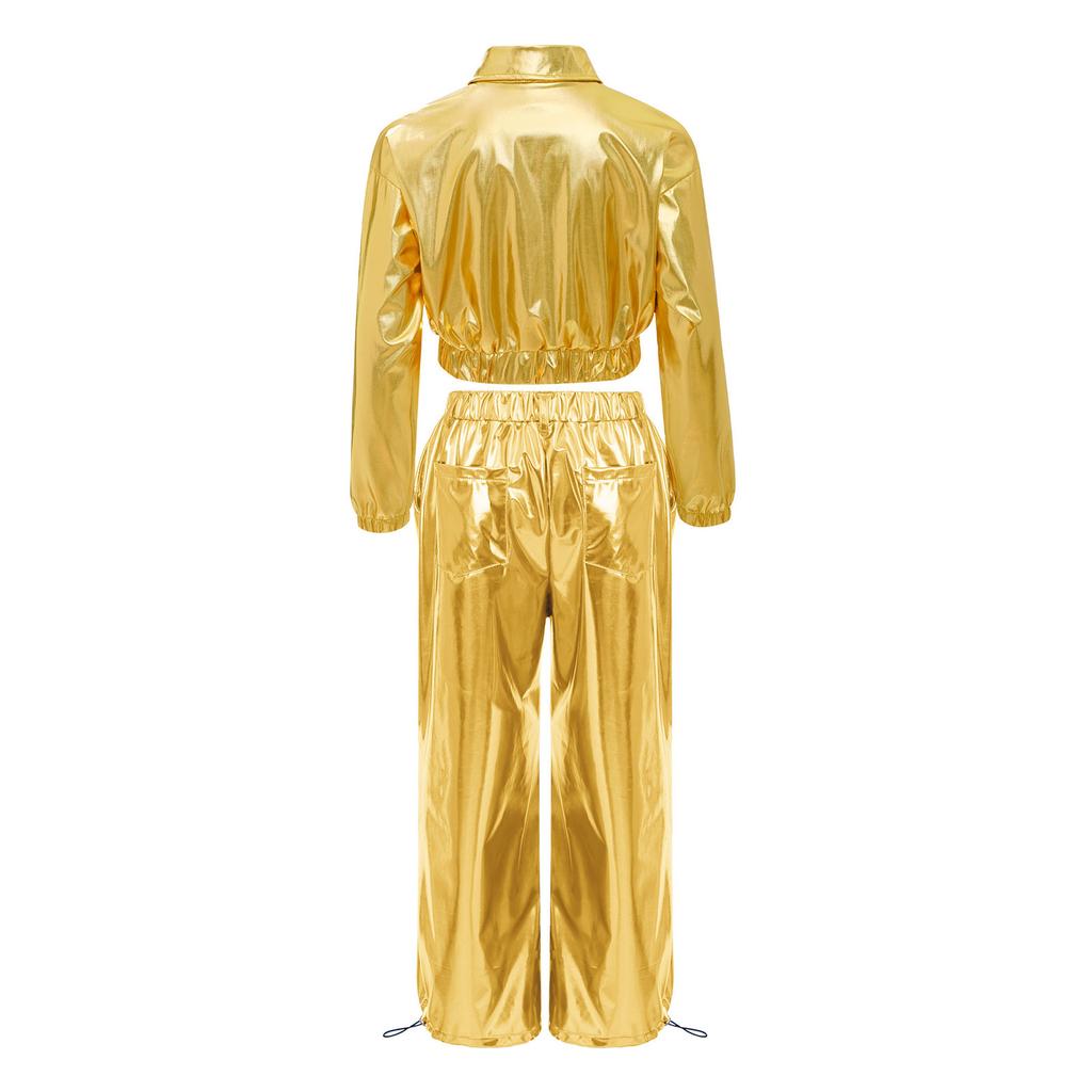 Unisex Kids Shiny Metallic Jacket Drawstring Cargo Pants Hip Hop Jazz Dance Costume Set