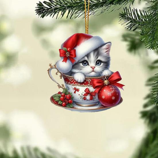 Acrylic Teacup Cat Hanging Ornaments Cute Cartoon Cat Christmas Ornament 2D