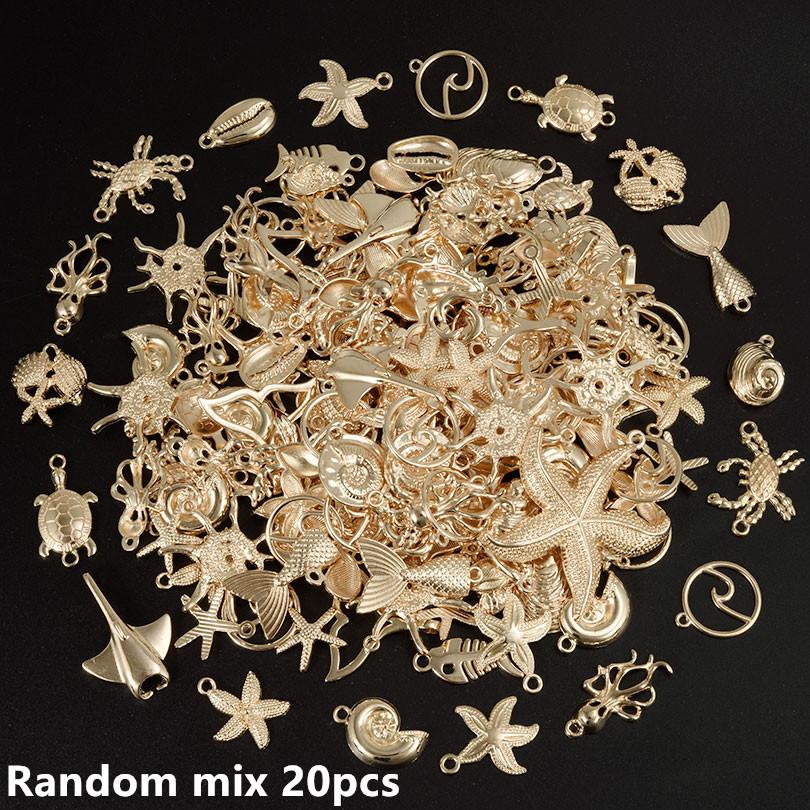 10/20/30pcs Metal KC/Vintage Gold/Silver Color Ocean Animal Charm Random Mix Shell Fish Turtle Charms For Jewelry Making Pendant