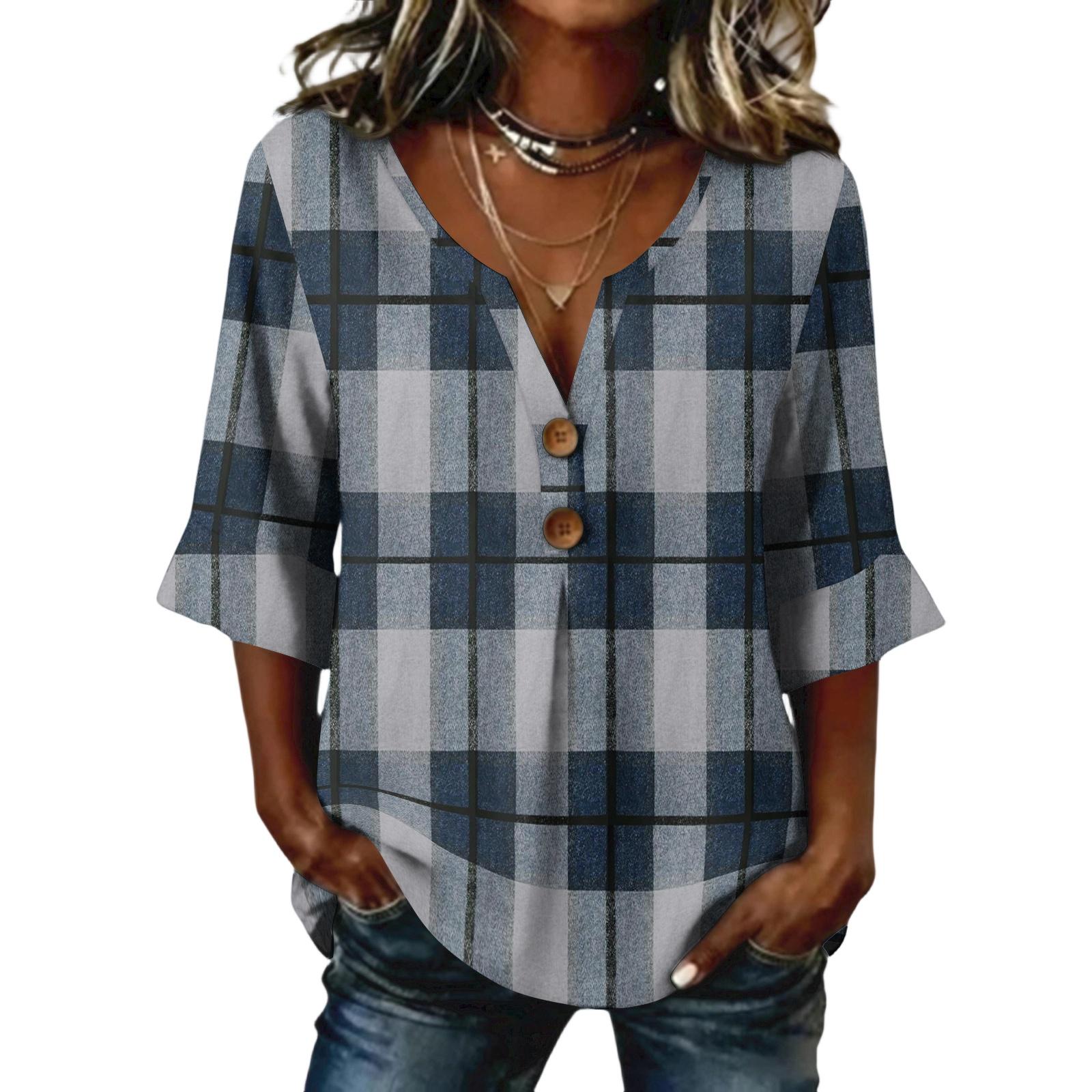 Long Sleeve Shirts for Women Casual V Neck Plaid Womens Long Sleeve Tops with Buttons Long Sleeve T Shirt Women Comfortable Long Sleeve Tops for Women M