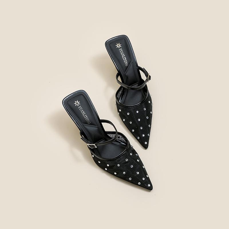 

Grape mother summer new sandals European and American hot diamond temperament small pointed mesh yarn 6cm thin heel empty sandals women s shoes 39 чёрный