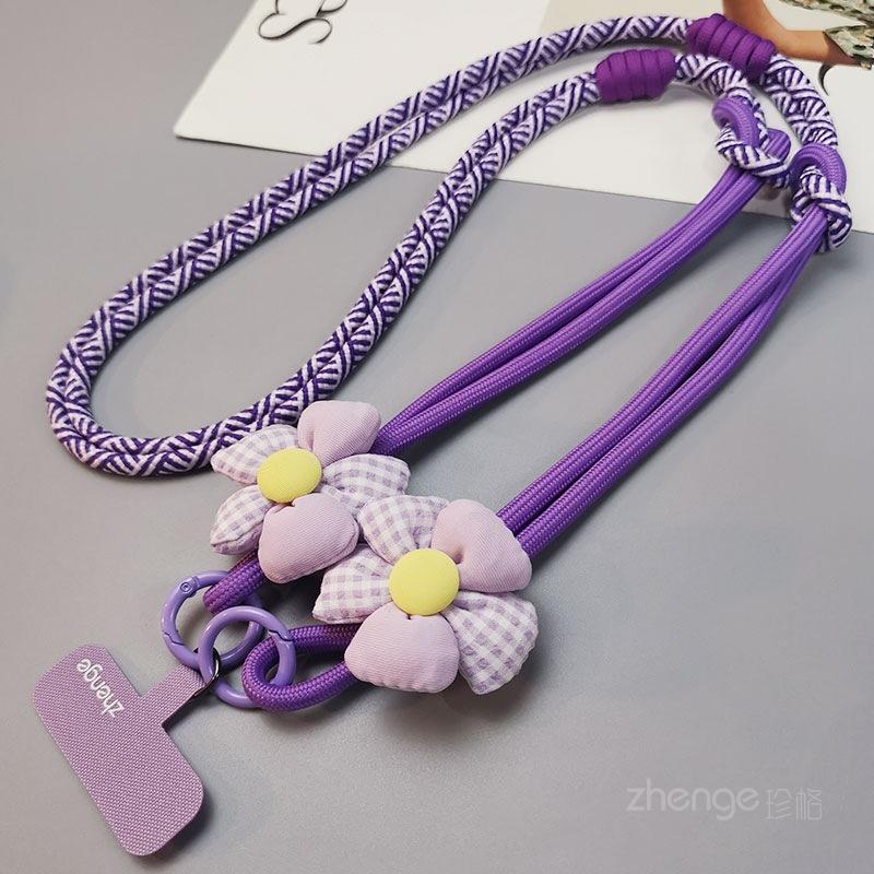 

Crossbody & Wrist & Neck Three-purpose mobile phone lanyard adjustable long ins women s back rope flower braided rope [pink-purple]