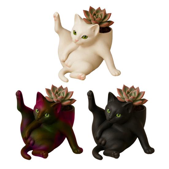 Flower Pot Grooming Cat Shape Planter Pot Stress-Relief Mood Booster Indoor Plant Pot Office Desk Decoration