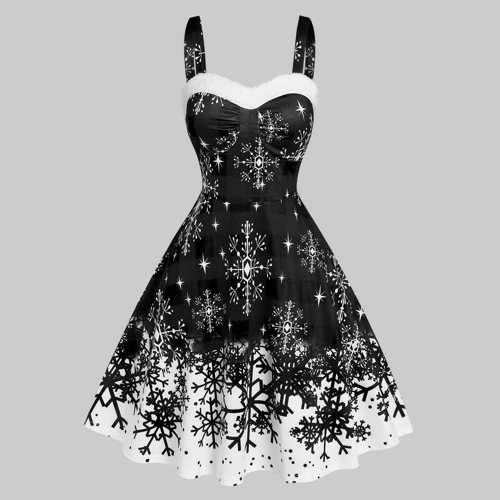 

Женское модное рождественское клетчатое платье без рукавов с принтом снежинок, винтажное свободное платье с рождественским снежным принтом L чёрный