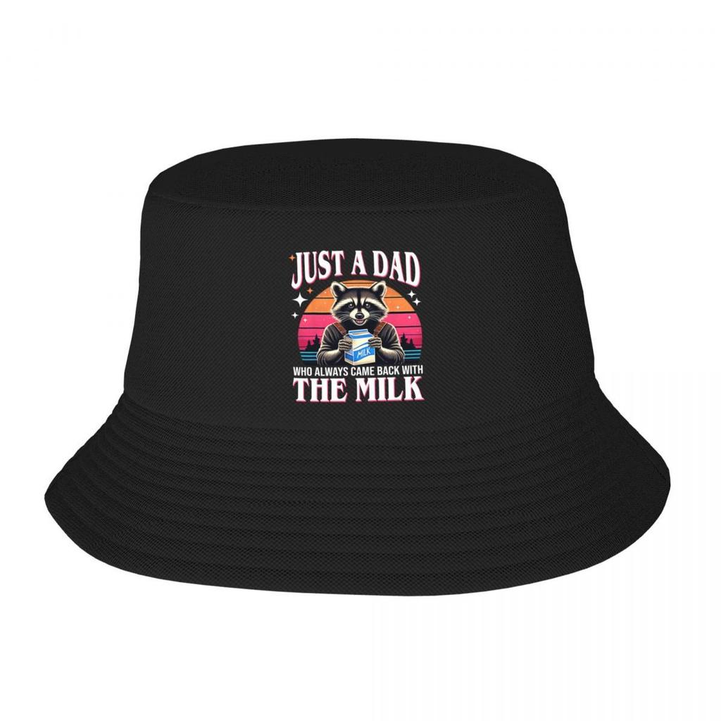 Custom Just A Dad Who Always Came Back With The Milk Funny Raccoon Bucket Hat Unisex Women Beach Sun Summer Fishing Cap