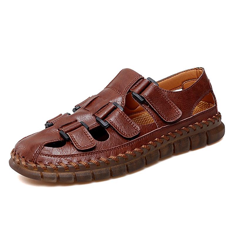 Men's Large Closed-Toe Handmade Leather Sandals, Breathable & Perforated for Beach