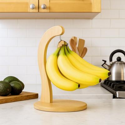 New Wooden Banana Holder Keep Fresh with Hanging Hook Fruit Storage Rack Space Saving Suspension Type Banana Rack Kitchen