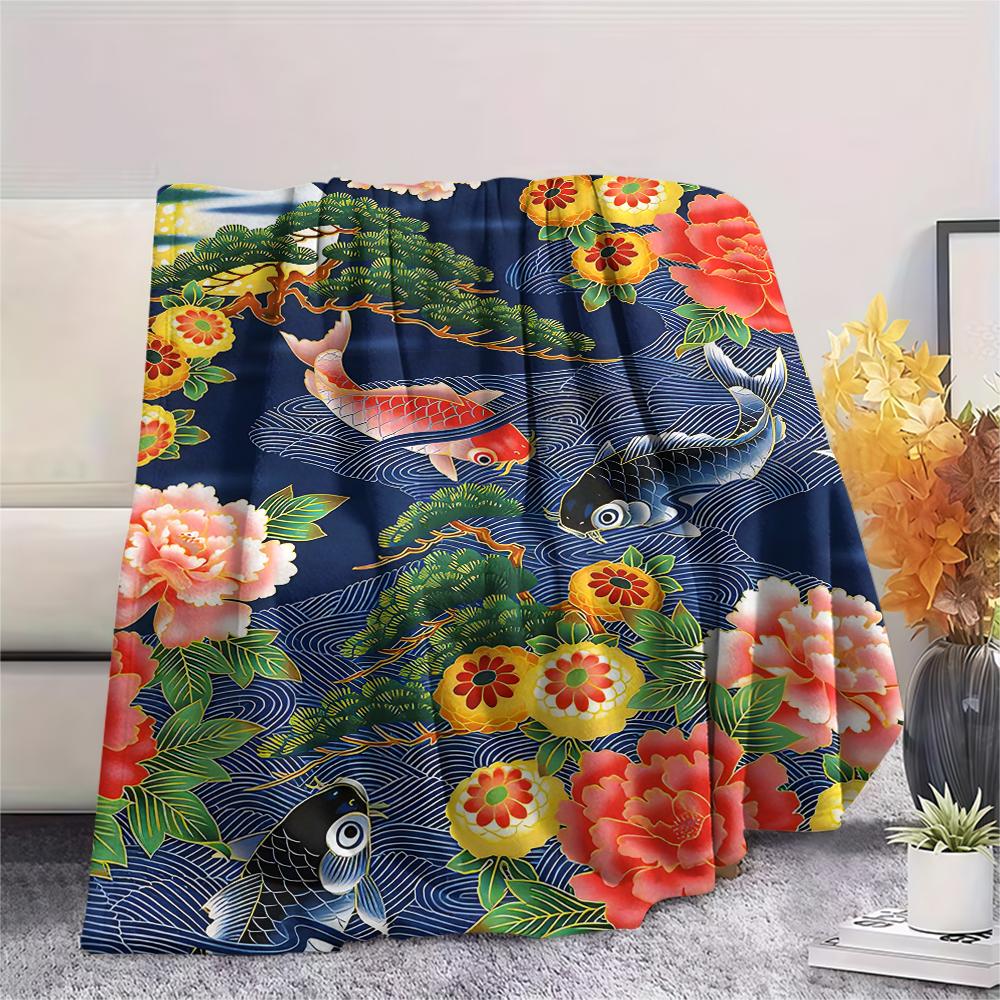 1Pc Goldfish Peacocks Print Flannel Blanket, High quality Comfortable for All Seasons, Home Decor, Warmth and Comfort, Perfect for Christmas Gifts