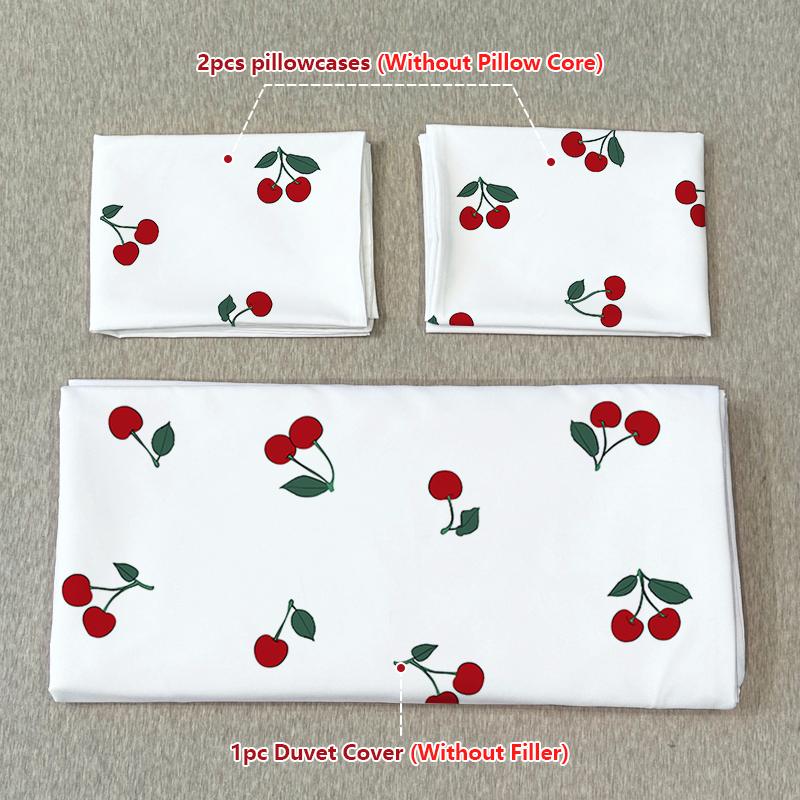 3-teiliges Bettwäsche-Set mit weißer Kirsche auf rotem Hintergrund und Fruchtmuster (1 Bettbezug + 2 Kissenbezüge),Weich im Griff