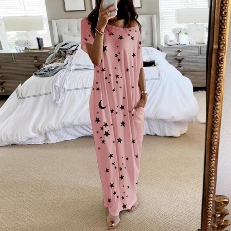 Women Loose Casual Short Sleeve Moon Stars Print Maxi Dress Home Casual Dress Trendsetting Must-have Items Fashion Versatile Outfits