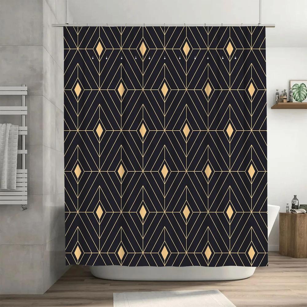 Art Deco Shower Curtain 3D Black Gold Diamonds Pattern Bathroom Decor Waterproof Fabric Shower Panel Set For Kids Bathrooms (128