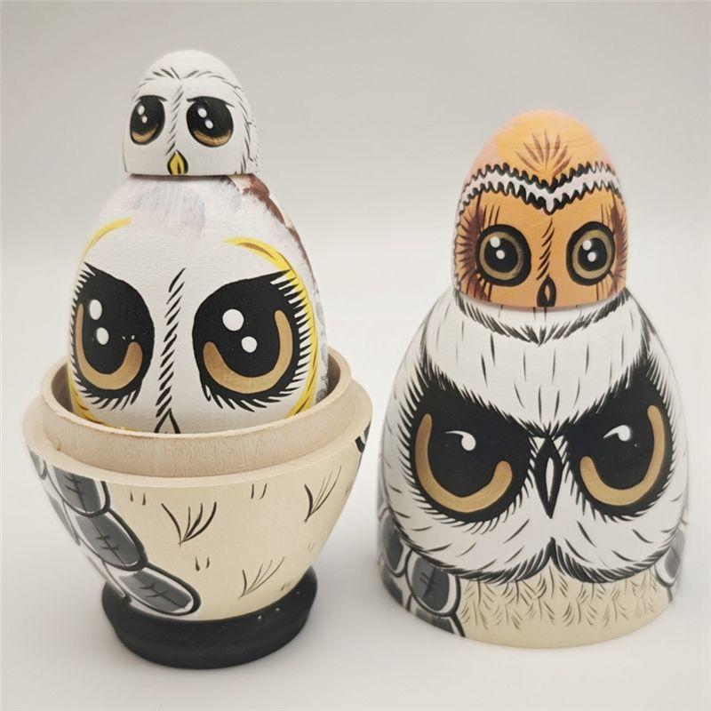 AEE2-Owl Nesting Dolls, Mini Wooden Crafts Owl Family, Easter Decoration