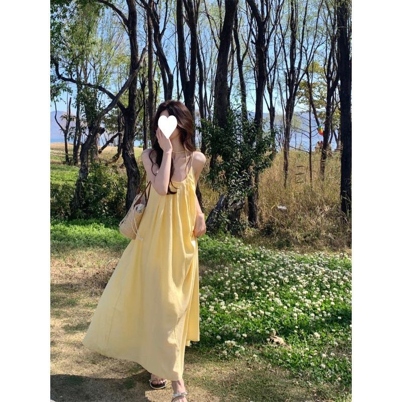 French Yellow Suspender Dress Women's Summer Seaside Vacation Style Dress Loose A-line Skirt Long Skirt