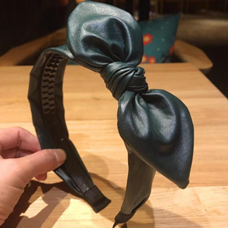 Teen Girls Rabbit Ear Knotted Headband Toothed Not Slip Women Headwear Solid PU Leather Bow Hairband Adults Bow Hair Hoop