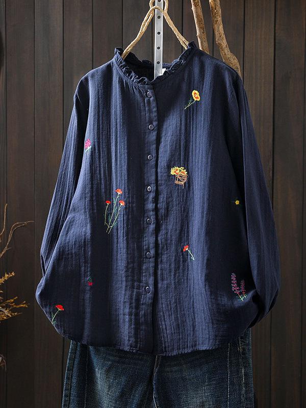 Spring/Summer 2026 Women's Embroidered Cotton Linen Cardigan with Ruffled Collar and Long Sleeves.