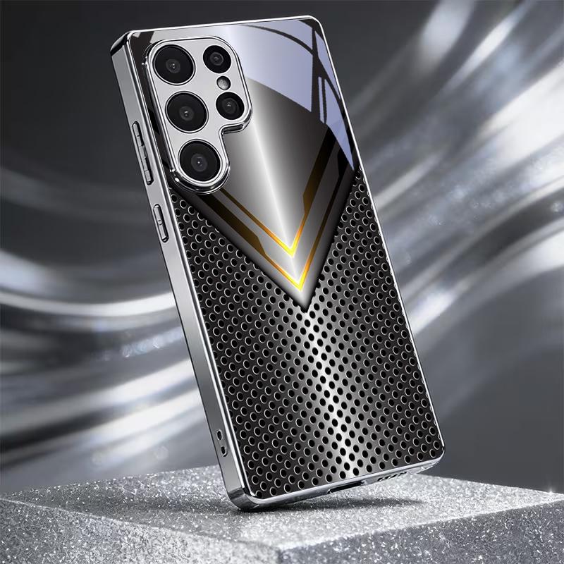 Metal V‑Shape Perforated Tech Electroplated Silver Phone Case For Samsung A31 A51 A71 A12 A22 A32 A42 A52 A06 A16 A17 A37 Cover