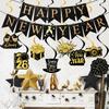 Happy New Years Decorations 2026, New Year Eve Party Supplies Banner with 8 Pcs Hanging Swirls for NYE Eve Party Supplies Black Gold