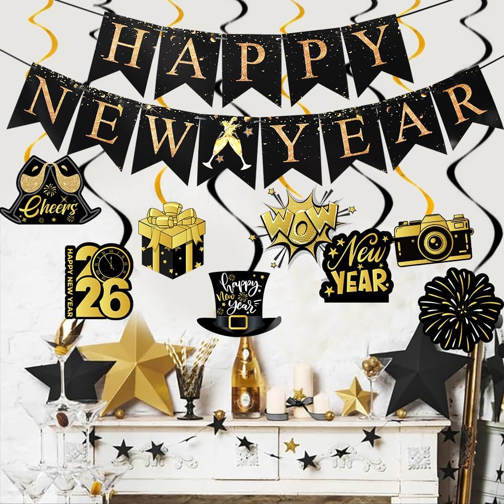 Happy New Years Decorations 2026, New Year Eve Party Supplies Banner with 8 Pcs Hanging Swirls for NYE Eve Party Supplies Black Gold