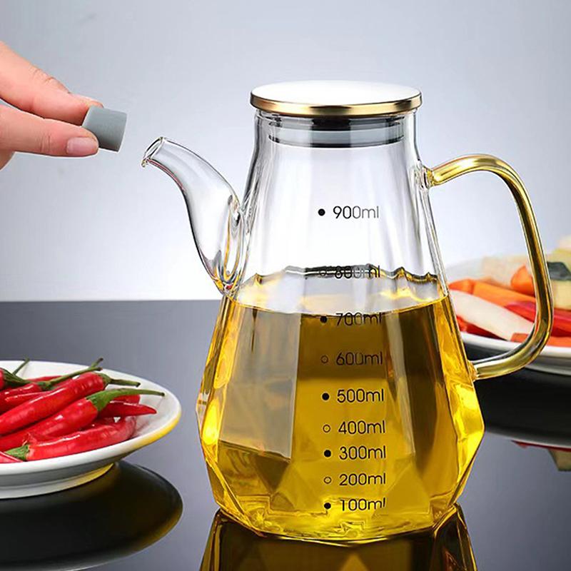 Glass Oil Pots 500/700/900Ml Leak Proof Diamond Oil Bottle With Scale/Lid Kitchen Soy Sauce Vinegar Condiment Storage Container