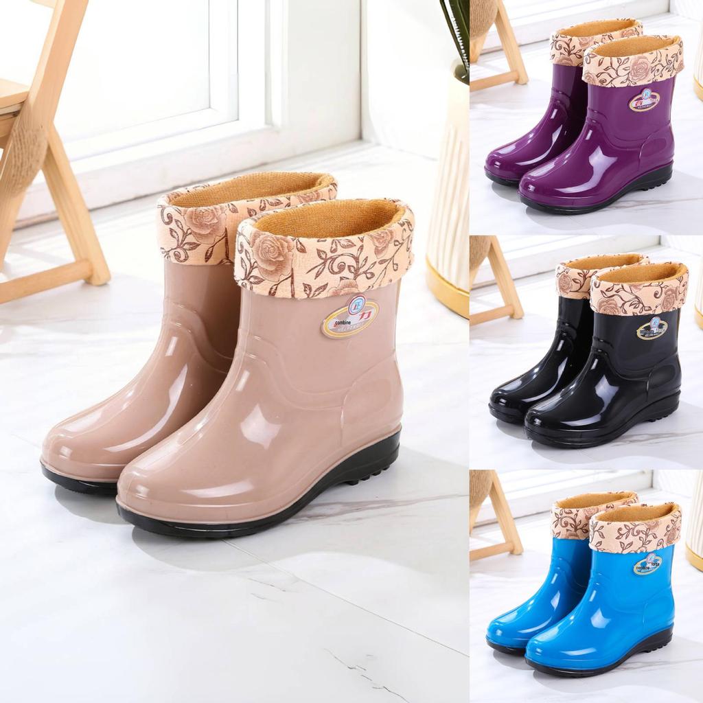 Women's Mid-Calf Fleece-Lined Non-Slip Rain Boots - Warm, Fashionable, Wear-Resistant Rubber Water Shoes