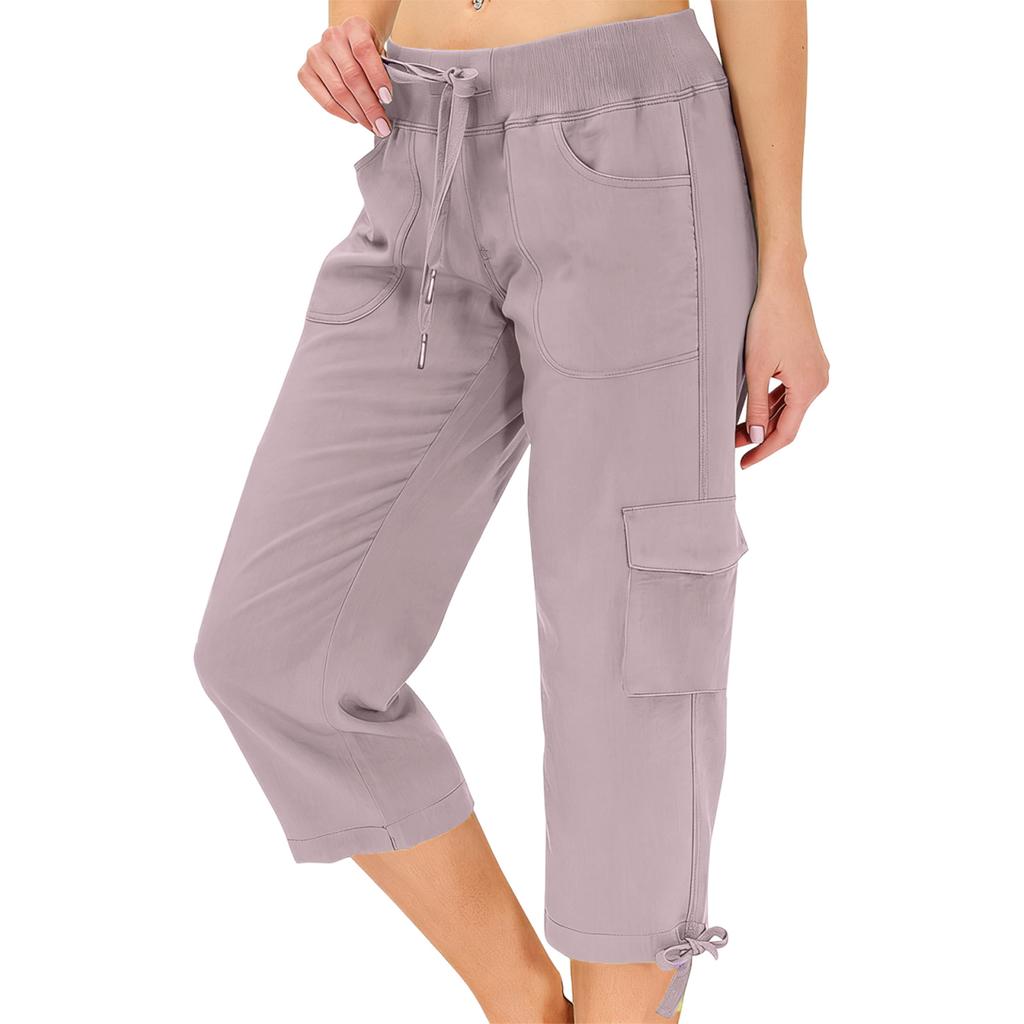 Women’s Loose Fit High Waist Elastic Waistband Lightweight Hiking Pants with Dual Pockets and Drawstring Capri Length for Outdoor Activities