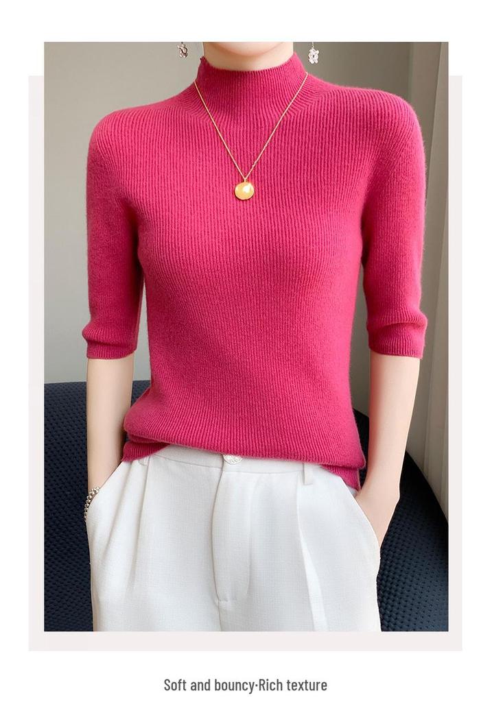 Women's Slim Fit Half-High Neck Five-Sleeve Base Layer Sweater for Spring and Autumn