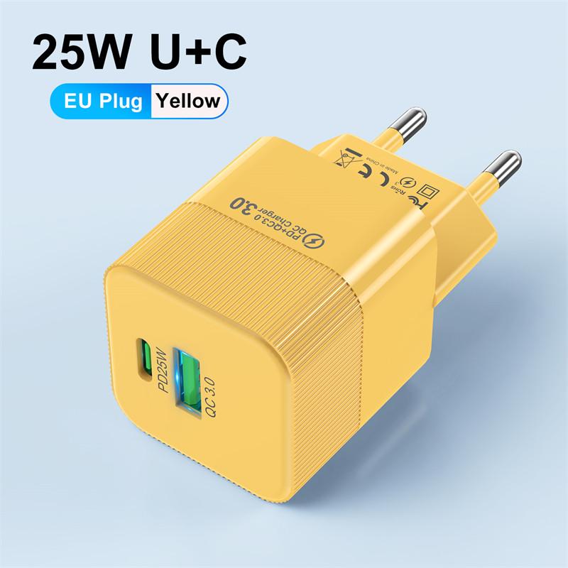 

2 порта PD 25W Mini USB C быстрое зарядное устройство для iPhone 15 Pro Max Xiaomi Phone быстрая зарядка адаптер KR EU US Plug для путешествий Yellow EU