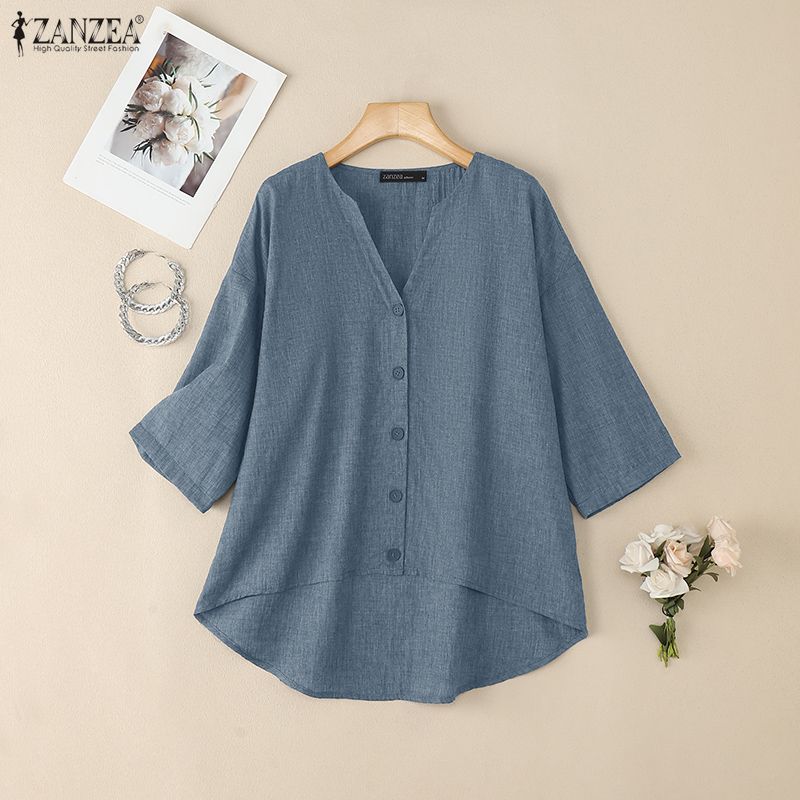 ZANZEA Women Casual V-Neck Solid Color 3/4 Sleeve Blouse