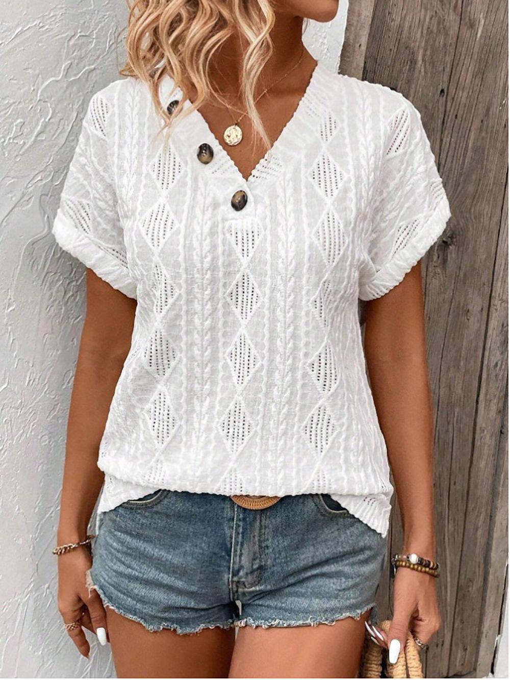 

Women s V-Neck Short Sleeve Knit Top with Diamond Cutout Design and Decorative Buttons S белый