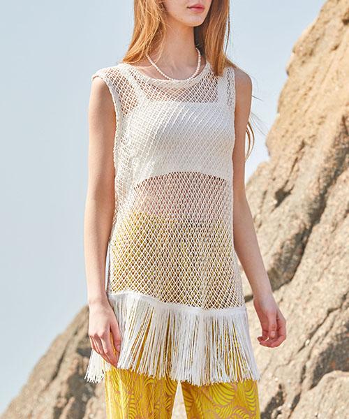 KOLEAT Layered Net See-Through Waterbomb Loose Fit Sleeveless [White]