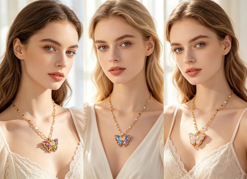 Multicolor Crystal Butterfly Pendant Necklace, Gold-Tone Chain Choker,Gradient Crystal Butterfly Necklace, Gold-Tone Chain with Sparkling Stone Wings