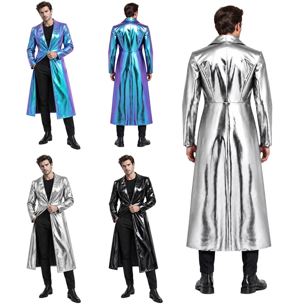 Men Ankle Length Metallic Trench Coat with Turn-down Collar Long Sleeve One Button Closure Jacket for Daily Casual Club Party