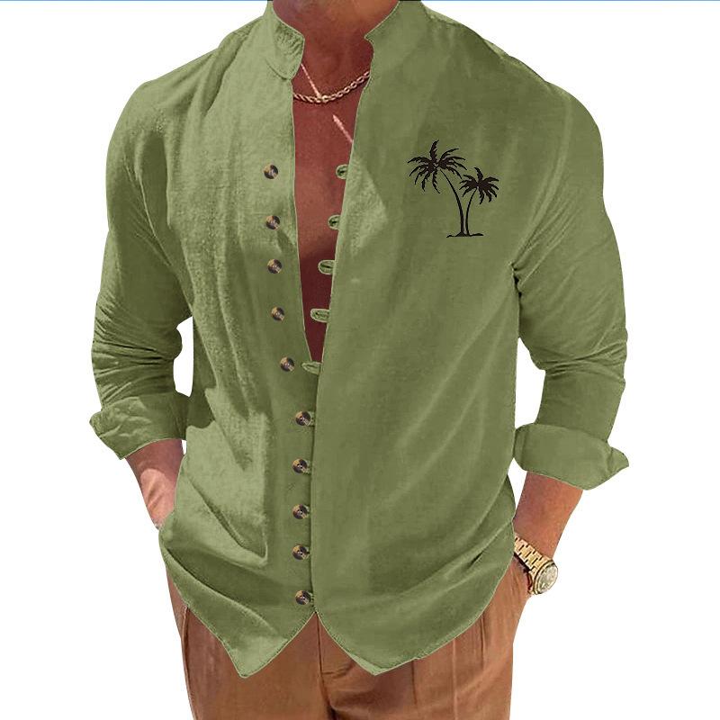 Coconut Tree Casual Printed Vintage Stand Collar Long-Sleeved Button-Down Men's Shirt