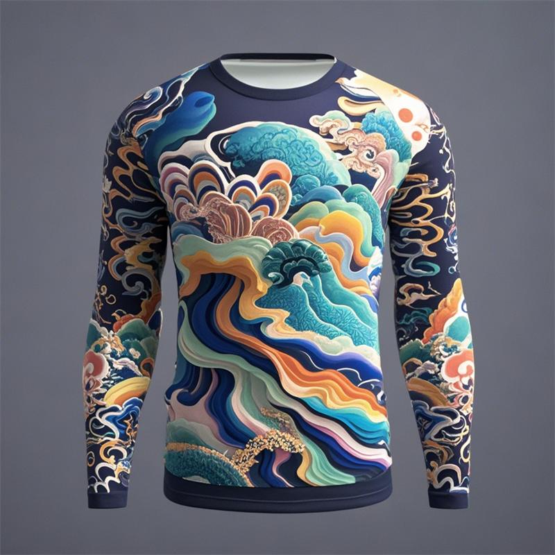 Novelty Men's Ukiyoe Long-sleeved T-shirt 3D Printing Retro Harajuku Pattern Printing Men Autumn Casual Round Neck Kids Clothes