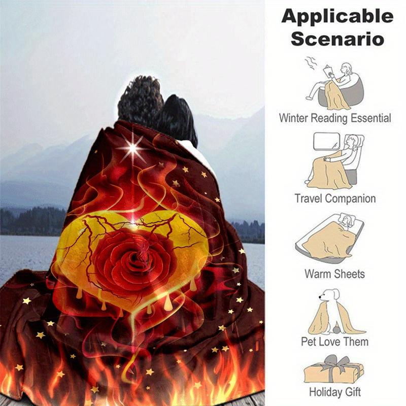 1pc Rose Flame Printing Lightweight Flannel Blanket, Comfortable and Warm Blanket, for Camping Sofa Bed and Couch Office, Gift