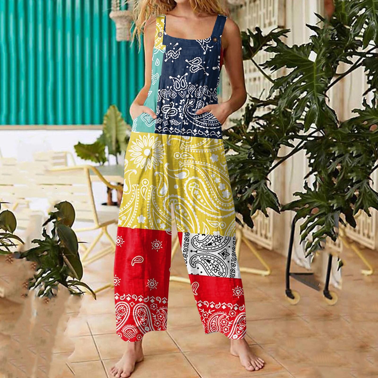 

Женский модный повседневный свободный комбинезон с широкими штанинами и винтажным принтом, с лямками на спине S жёлтый