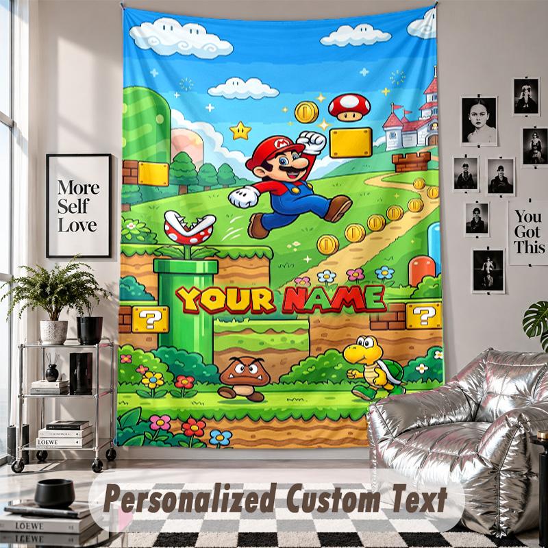 Wall Hanging Tapestry With Custom Name & Text, Super Mario Decorative Tapestry For Bedroom