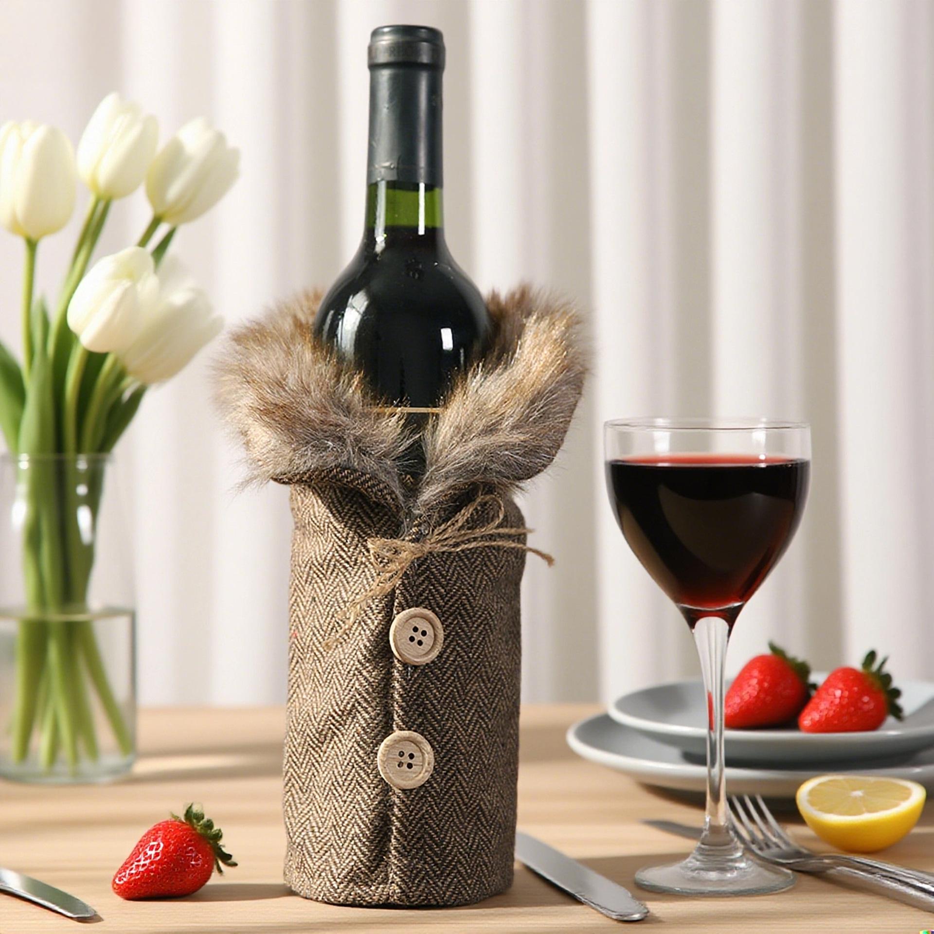 

Святкова картата sleeve для вина Qihao з хутряним коміром з мішковини - Різдвяний декор та реквізит для фото